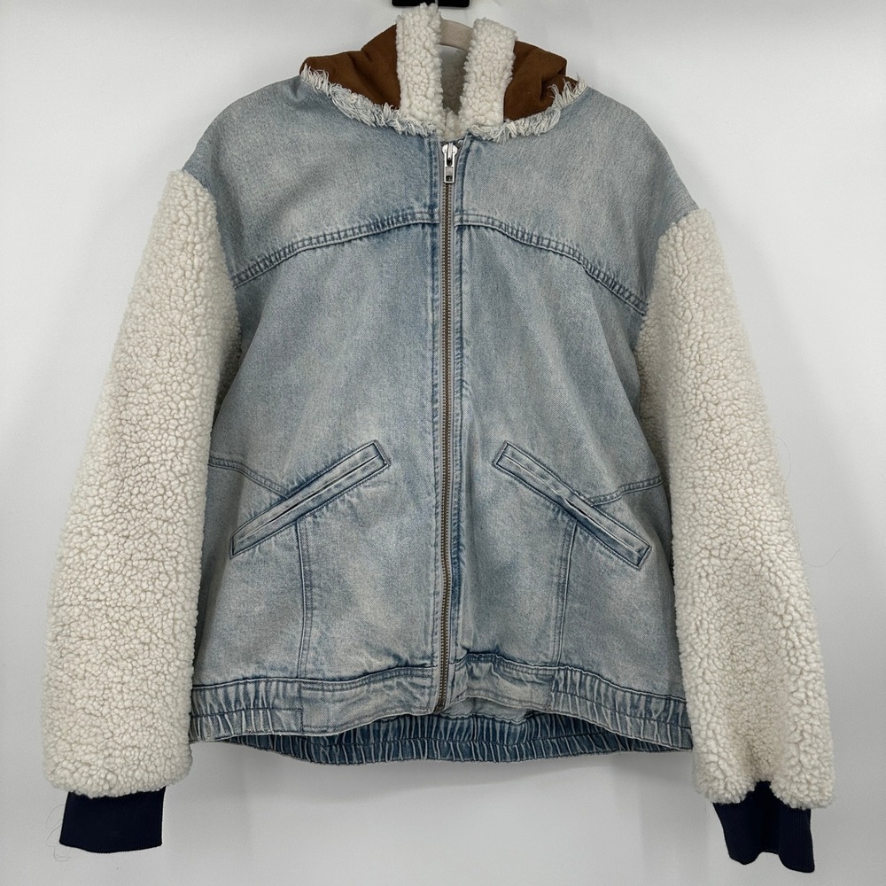 We The Free Denim Sherpa Lined Hooded Jacket Women's XL Contrast Sleeves